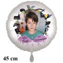 Fotoballon, weißer Rundluftballon aus Folie, Alles Gute zur Kommunion, mit dem Foto des Kommunionskindes. Inklusive Helium