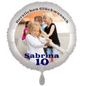 Fotoballon, weißer Rundluftballon aus Folie mit dem Foto des Geburtstagskindes zum Kindergeburtstag. Ohne Helium