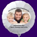 Fotoballon, weißer Rundluftballon "Herzliche Glückwünsche", mit Ihrem Foto. Inklusive Helium