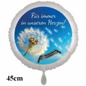 Für immer in unseren Herzen. Abschied Pusteblume. Rundluftballon aus Folie, satinweiß, 45 cm, inklusive Helium