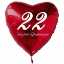 22. Geburtstag, roter Herzluftballon aus Folie, 61 cm groß, mit Helium