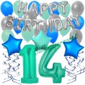  34-teiliges Geburtstagsdeko-Set mit Luftballons, Happy Birthday Aquamarin zum 14. Geburtstag