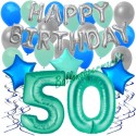 34-teiliges Geburtstagsdeko-Set mit Luftballons, Happy Birthday Aquamarin zum 50. Geburtstag