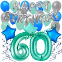 40-teiliges Geburtstagsdeko-Set mit Luftballons, Happy Birthday Aquamarin zum 60. Geburtstag