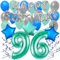  40-teiliges Geburtstagsdeko-Set mit Luftballons, Happy Birthday Aquamarin zum 96. Geburtstag