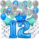 34-teiliges Geburtstagsdeko-Set mit Luftballons, Happy Birthday Blue zum 12. Geburtstag
