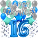 34-teiliges Geburtstagsdeko-Set mit Luftballons, Happy Birthday Blue zum 16. Geburtstag