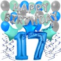 34-teiliges Geburtstagsdeko-Set mit Luftballons, Happy Birthday Blue zum 17. Geburtstag