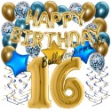 Happy Birthday Chrome Blue & Gold, Geburtstagsdeko-Set mit Luftballons zum 16. Geburtstag, 30-teilig