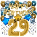 Happy Birthday Chrome Blue & Gold, Geburtstagsdeko-Set mit Luftballons zum 29. Geburtstag, 30-teilig