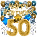 Happy Birthday Chrome Blue & Gold, Geburtstagsdeko-Set mit Luftballons zum 50. Geburtstag, 30-teilig