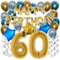 Happy Birthday Chrome Blue & Gold, Geburtstagsdeko-Set mit Luftballons zum 60. Geburtstag, 30-teilig