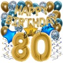 Happy Birthday Chrome Blue & Gold, Geburtstagsdeko-Set mit Luftballons zum 80. Geburtstag, 30-teilig