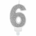 Zahlenkerze 6 in Silber Glitter, Kerze zu Geburtstag und Jubiläum