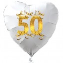 Goldene Hochzeit, weißer Herzballon aus Folie ohne Helium, 50 mit Schleifen in Gold
