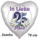 Großer Herzluftballon aus Folie. In Liebe - 25 Jahre zur Silberhochzeit, Satinweiß, inklusive Helium-Ballongas