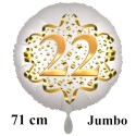Jumbo Luftballon aus Folie zum 22. Geburtstag, Satin Weiß, 71 cm, rund, inklusive Helium