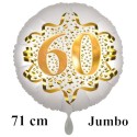 Jumbo Luftballon aus Folie zum 60. Geburtstag, Satin Weiß, 71 cm, rund, inklusive Helium