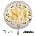 Jumbo Luftballon aus Folie zum 80. Geburtstag, Satin Weiß, 71 cm, rund, inklusive Helium