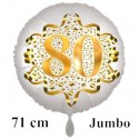Jumbo Luftballon aus Folie zum 80. Geburtstag, Satin Weiß, 71 cm, rund, inklusive Helium