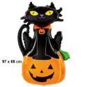 Halloween-Kürbis mit schwarzer Halloween Katze, Folienballon mit Helium