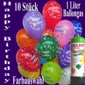 Happy Birthday Motiv-Luftballons mit 1 Liter Ballongas, Farbauswahl, 26-27 cm, 10 Stück 