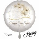 Großer Silvester-Rundballon Satin de Luxe weiß aus Folie, "Happy New Year"