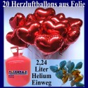 Helium- Einwegbehälter mit 20 Herzluftballons aus Folie (Farbauswahl)