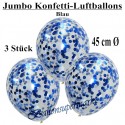 Jumbo Konfetti-Ballons, Latex 45 cm Ø, 3 Stück, Transparent, gefüllt mit Konfetti in Blau