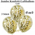 Jumbo Konfetti-Ballons, Latex 45 cm Ø, 3 Stück, Transparent, gefüllt mit Konfetti in Gold und Silber