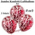 Jumbo Konfetti-Ballons, Latex 45 cm Ø, 3 Stück, Transparent, gefüllt mit Konfetti in Rot