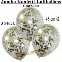 Jumbo Konfetti-Ballons, Latex 45 cm Ø, 3 Stück, Transparent, gefüllt mit Konfetti in Gold und Silber