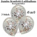 Jumbo Konfetti-Ballons, Latex 45 cm Ø, 3 Stück, Transparent, gefüllt mit Konfetti in Rosegold und Silber