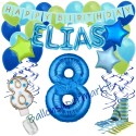 Happy Birthday Blau, individuelles Kindergeburtstagsdeko-Set mit Namen und Luftballons zum 8. Geburtstag, 38-teilig