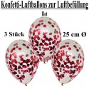 Konfetti-Ballons, Latex 25 cm Ø, 3 Stück, Transparent, gefüllt mit Konfetti in Rot