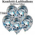 Konfetti-Ballons, Latex 30 cm Ø, 5 Stück, Transparent, gefüllt mit Konfetti in Hellblau und Silber