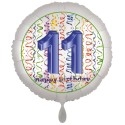 Luftballon aus Folie, Satin Weiß 45 cm rund, Happy Birthday zum 11. Geburtstag, inklusive Helium