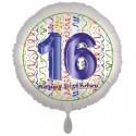 Luftballon aus Folie, Satin Weiß 45 cm rund, Happy Birthday zum 16. Geburtstag, inklusive Helium