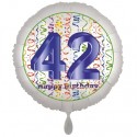 Luftballon aus Folie, Satin Weiß 45 cm rund, Happy Birthday zum 42. Geburtstag, inklusive Helium