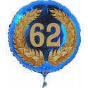 Luftballon aus Folie mit Helium, Zahl 62 im Lorbeerkranz, zu Geburtstag, Jubiläum und Jahrestag