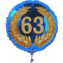 Luftballon aus Folie mit Helium, Zahl 63 im Lorbeerkranz, zu Geburtstag, Jubiläum und Jahrestag