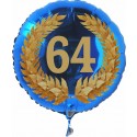 Luftballon aus Folie mit Helium, Zahl 64 im Lorbeerkranz, zu Geburtstag, Jubiläum und Jahrestag