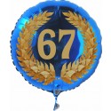 Luftballon aus Folie mit Helium, Zahl 67 im Lorbeerkranz, zu Geburtstag, Jubiläum und Jahrestag