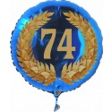Luftballon aus Folie mit Helium, Zahl 74 im Lorbeerkranz, zu Geburtstag, Jubiläum und Jahrestag