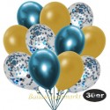 30er Luftballon-Set, 10 Blau-Konfetti, 10 Metallic-Gold und 10 Chrome-Blau Luftballons