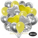 30er Luftballon-Set mit Folienballons, 9 Silber-Konfetti, 9 Metallic-Gelb, 8 Chrome-Silber Luftballons, 2 Herzballons aus Folie Silber und 2 Herzballons aus Folie Gelb
