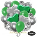 30er Luftballon-Set mit Folienballons, 9 Silber-Konfetti, 9 Metallic-Grün, 8 Chrome-Silber Luftballons, 2 Herzballons aus Folie Silber und 2 Herzballons aus Folie Grün