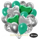 30er Luftballon-Set mit Folienballons, 9 Silber-Konfetti, 9 Metallic-Türkisgrün, 8 Chrome-Silber Luftballons, 2 Herzballons aus Folie Silber und 2 Herzballons aus Folie Grün