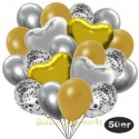 50er Luftballon-Set mit Folienballons, 14 Silber-Konfetti, 15 Metallic-Gold, 15 Chrome-Silber Luftballons, 3 Herzballons aus Folie Gold und 3 Herzballons aus Folie Silber