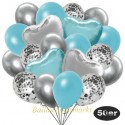 50er Luftballon-Set mit Folienballons, 14 Silber-Konfetti, 15 Metallic-Hellblau, 15 Chrome-Silber Luftballons, 3 Herzballons aus Folie Silber und 3 Herzballons aus Folie Light-Blue